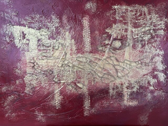 Zwischen den Rissen, Acryl auf Leinwand mit Sumpfkalk und Ölpastellkreiden, 2026 — Zuversicht